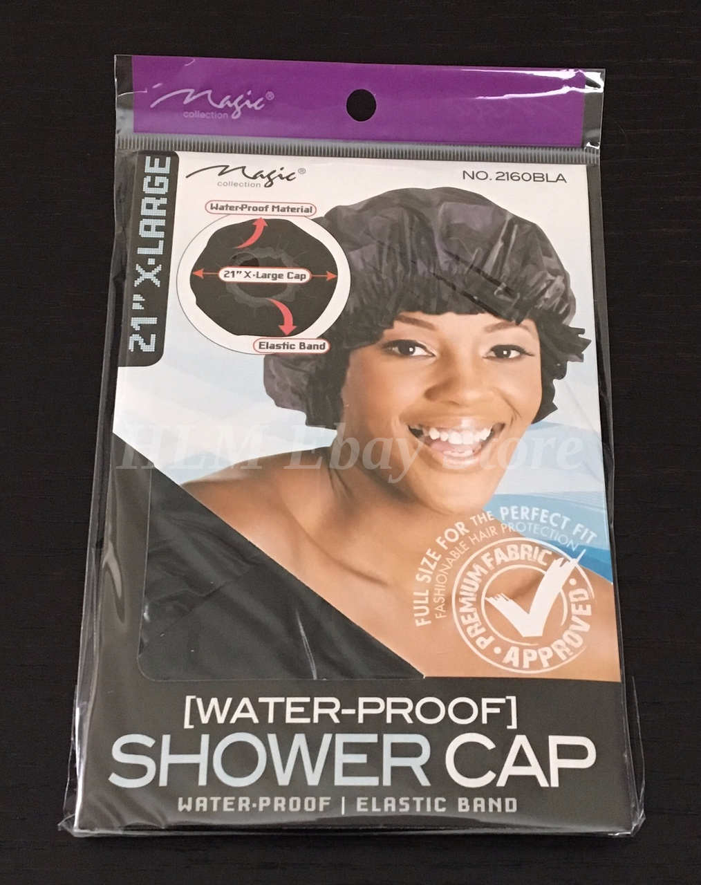 Black 21" Xlarge Waterproof Shower Cap Premium Elastic With Band For Perfect Fit