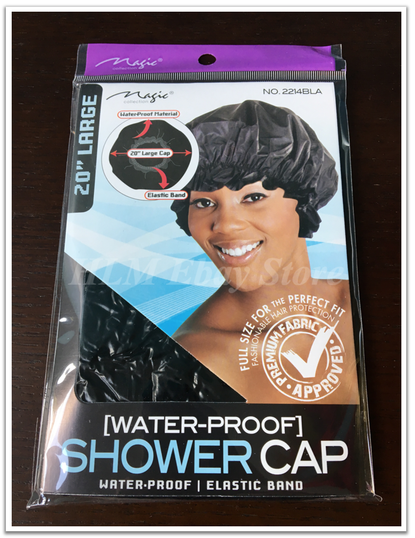 Black 20" Large Waterproof Shower Cap Premium Elastic With Band For Perfect Fit